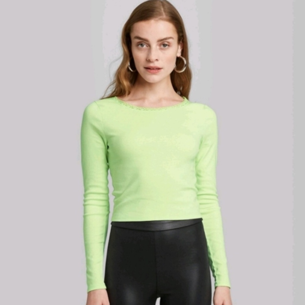 Wild Fable Light Green Long-Sleeve Ribbed Knit Top with Lace Trim Round Neckline
